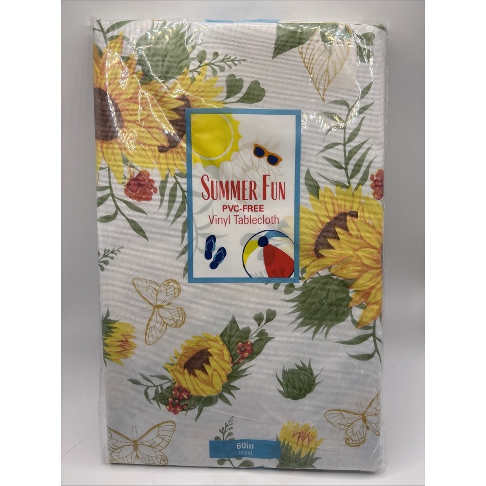 Summer Fun Vinyl Tablecloth 60"  Round Fall Sunflower Picnic Party Camping